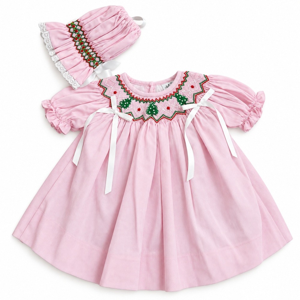 Little Love James Baby Pink Corduroy Smocked Christmas Tree Dress & Bonnet 6M
